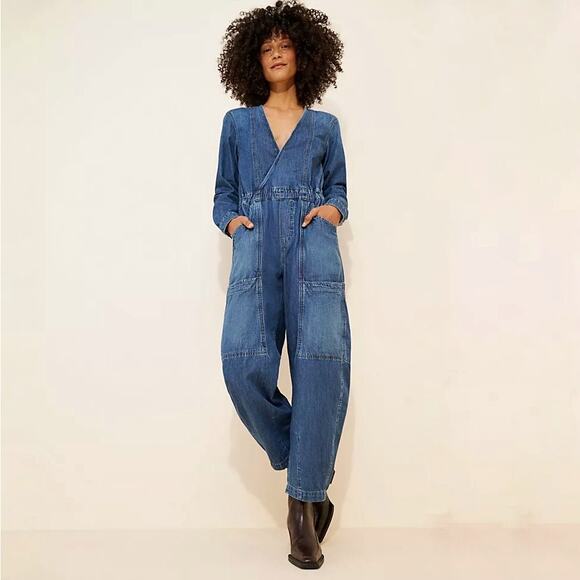Free‎ People Archie Denim Jumpsuit Coveralls Utility Size Medium Barrel Leg
